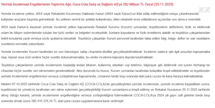Rekabet'ten Coca-Cola'ya 282 milyon TL ceza! Veri silme tespit edildi