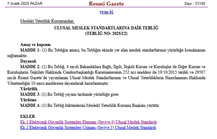 Mesleki Yeterlilik Kurumu’ndan elektronik güvenlik sektörüne yeni standartlar
