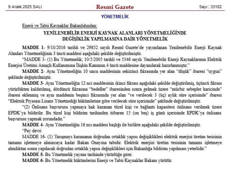 Yenilenebilir Enerji Kaynak Alanları Yönetmeliği'nde değişiklik