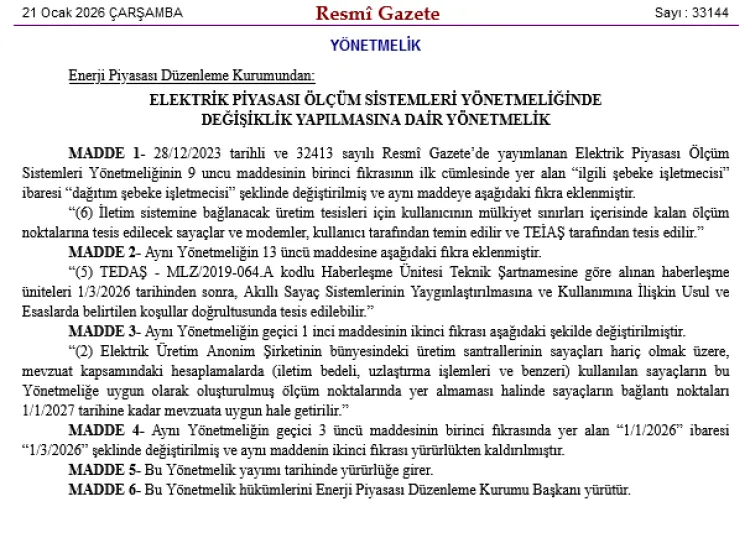 Elektrik ölçüm sistemlerine değişiklik