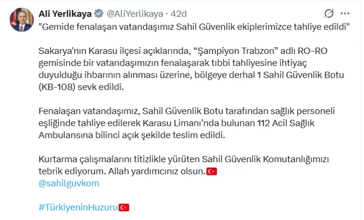 Karasu açıklarında gemide fenalaşan vatandaş tahliye edildi