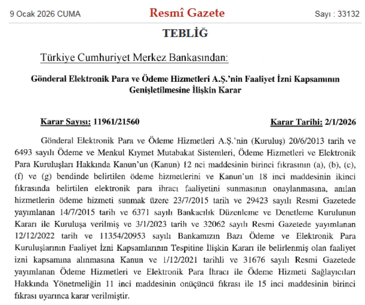 Gönderal'in faaliyet izni genişletildi, Paynet'in izni ise kendiliğinden sona erdi