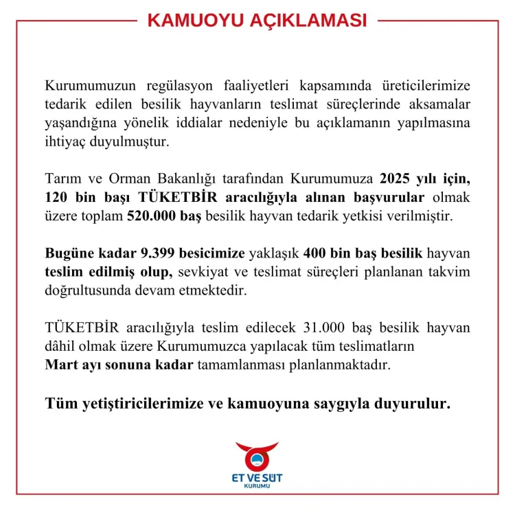 Et ve Süt Kurumu: Aksaklık yok.. Tüm teslimatlar Mart sonunda tamamlanacak