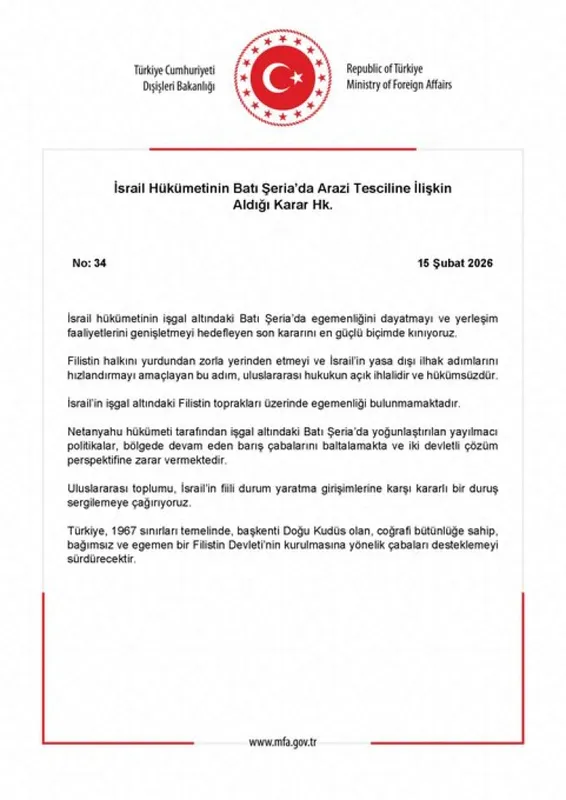 Türkiye’den İsrail’in Batı Şeria kararına tepki