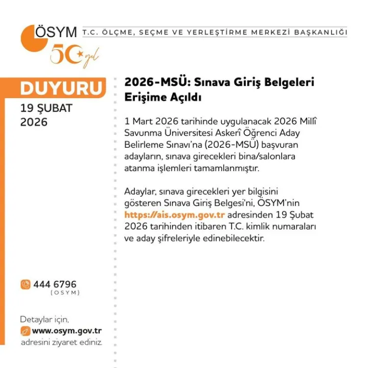 2026-MSÜ Sınava Giriş Belgeleri erişime açıldı
