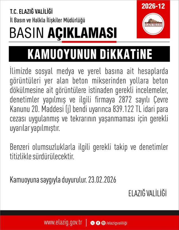 Elazığ’da yollara beton döken miksere para cezası