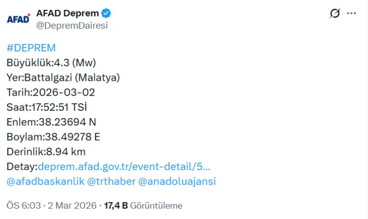 Malatya'da korkutan deprem