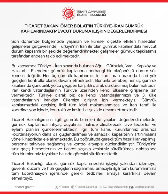 Türkiye - İran sınır kapılarında durum nasıl? Bakanlık açıkladı: Ticari geçişler kontrollü sürüyor