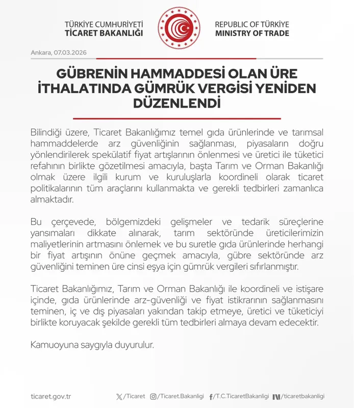 Üre gübrede Gümrük Vergisi sıfırlandı